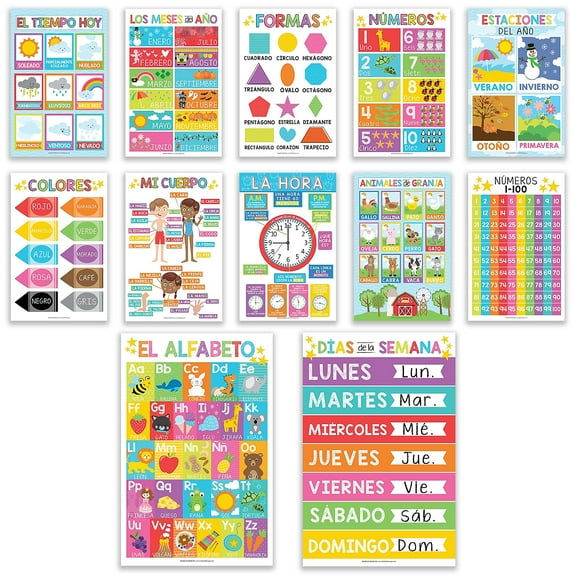 Hadley Designs 17" x 11" Colorful Spanish Preschool Educational Posters Laminated 12/Set