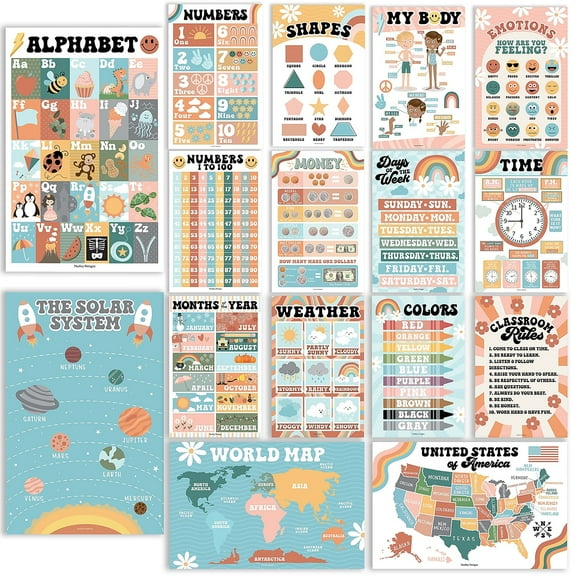 Hadley Designs 17" x 11" Retro Boho Preschool Educational Posters For Toddlers Laminated 16/Set
