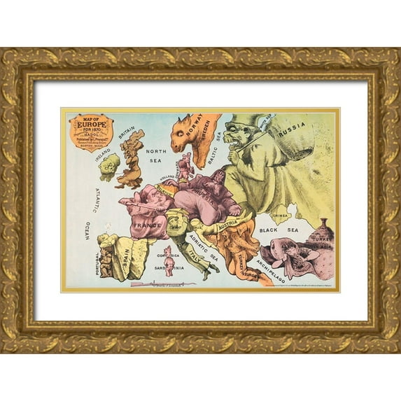 Hadol, Paul 18x13 Gold Ornate Wood Framed with Double Matting Museum Art Print Titled - War Map of Europe As seen through French eyes