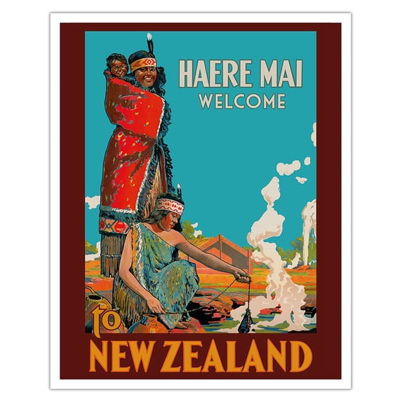Haere Mai (Welcome) to New Zealand - Native Maori Women - Vintage Travel Poster c.1920 - Fine Art Matte Paper Print (Unframed) 16x20in