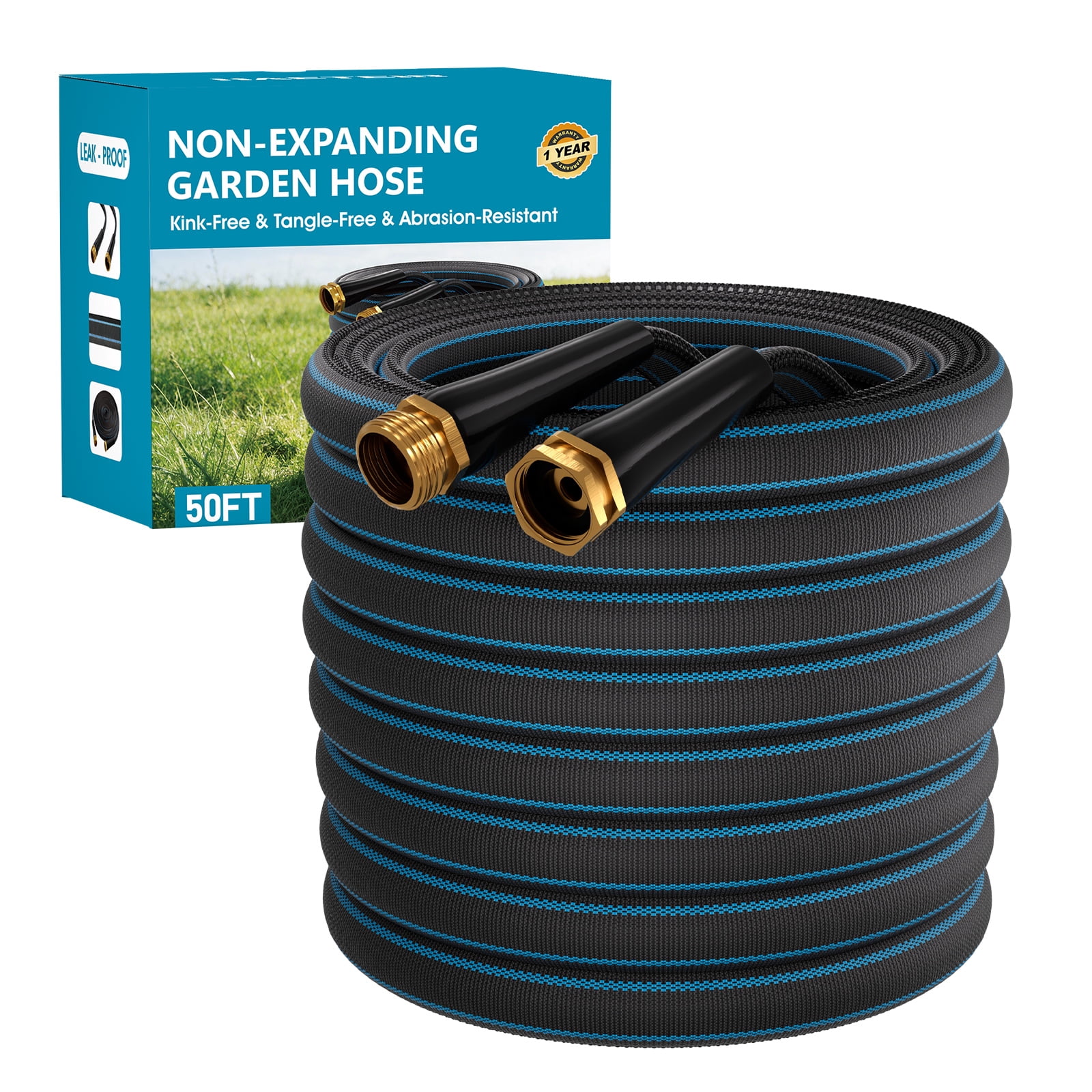 Haeteir 50ft Non-Expanding Garden Hose, Lightweight & Kink-Free, Flexible Heavy Duty Water Hose for Lawn, Yard, Car Washing (3/4" Solid Brass Fittings, Crush-Resistant)