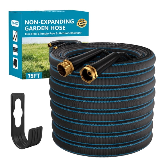 Haeteir 75ft Non-Expanding Garden Hose, Lightweight & Kink-Free, Flexible Heavy Duty Water Hose for Lawn, Yard, Car Washing (3/4" Solid Brass Fittings, Crush-Resistant)