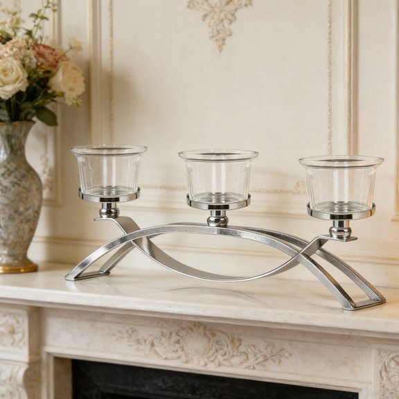 HaevnNest Candle Holder Three-Arm Silver Metal Candle Decor for Tabletop Home Decor