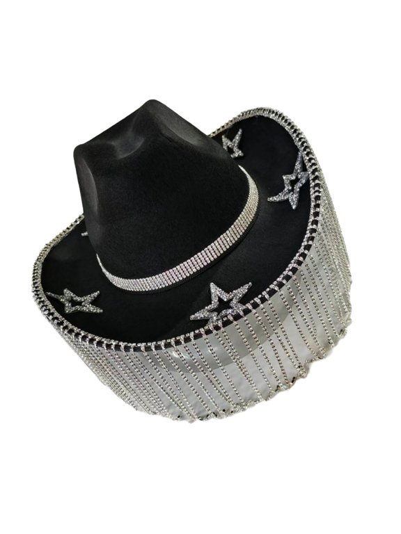 Cowboy Hat Black Fringed Rhinestones Women DanceParty Hat Carnivals Party Headwear
