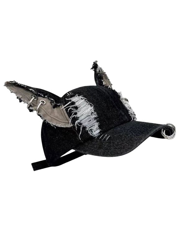Hat Black Cats Ear Truckers Distressed Fabric Metal Rings Baseball Hat for Women