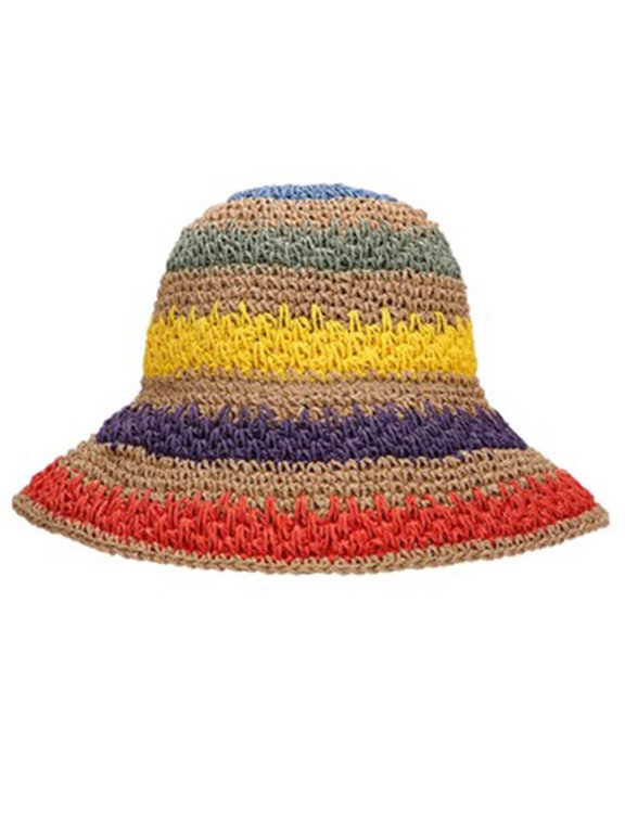 Hat Khaki Women Summer Handmade Crochet Straw for Sun Visor Rainbow Colorful Stripes Patchwork Wide Brim UV Protection