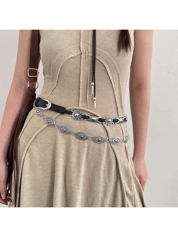 Waist Belt Engraved PU1eatherVintage Silver Waistband for Women Dresses