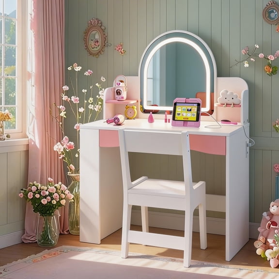 Haewon 27.5" Kids Vanity Set with Lighted Mirror, Kids Makeup Desk with Stool, USB Charging Port and Storage Shelf, Ideal Gift for Girls, White and Pink