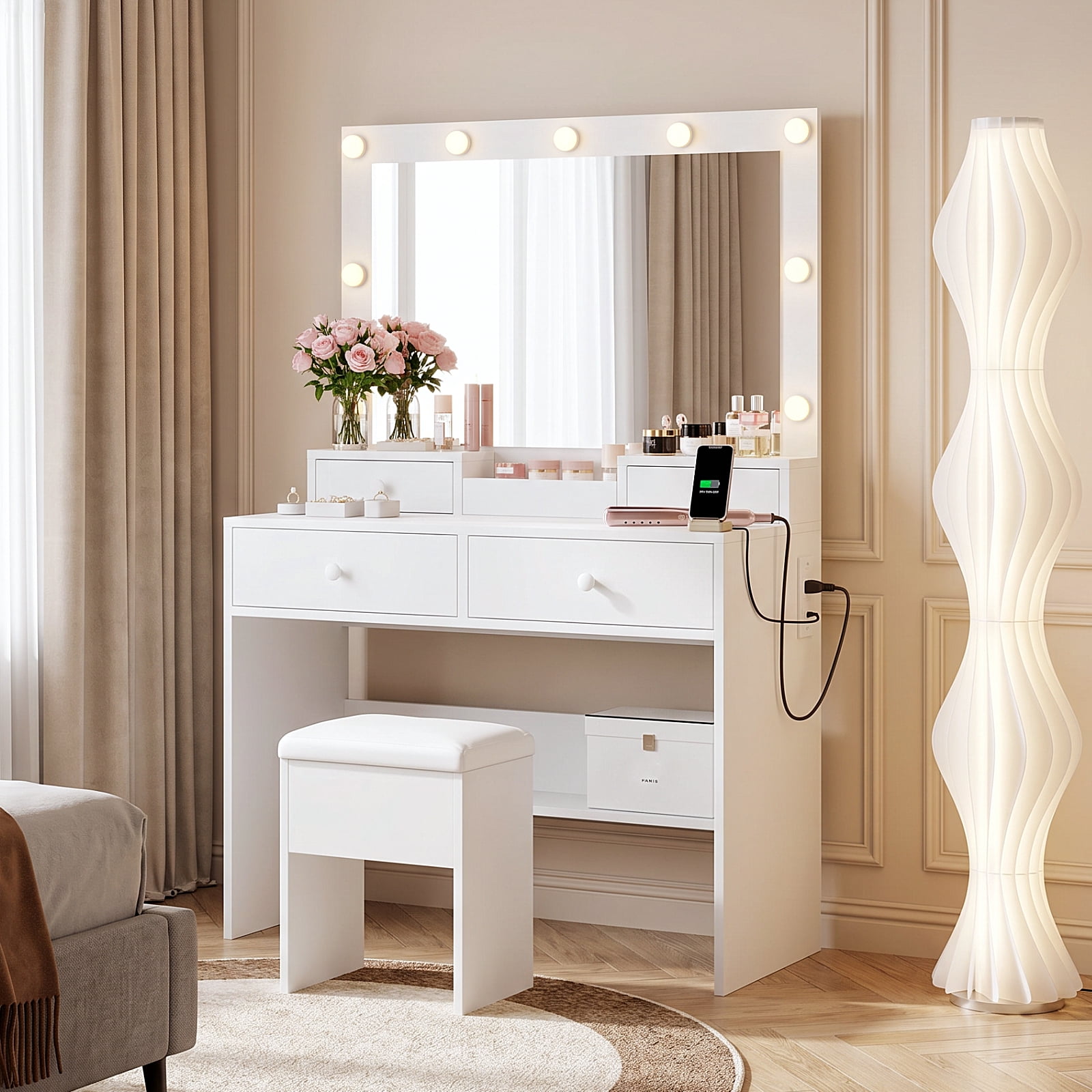 Haewon 31" Vanity Desk with Mirror, LED Lights and Charging Station, Makeup Vanity with Storage Stool, Vanity Set for Bedroom, White