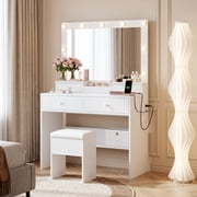 Haewon 31 Vanity Desk with Mirror, LED Lights and Charging Station, Makeup Vanity with Storage Stool, Vanity Set for Bedroom, White