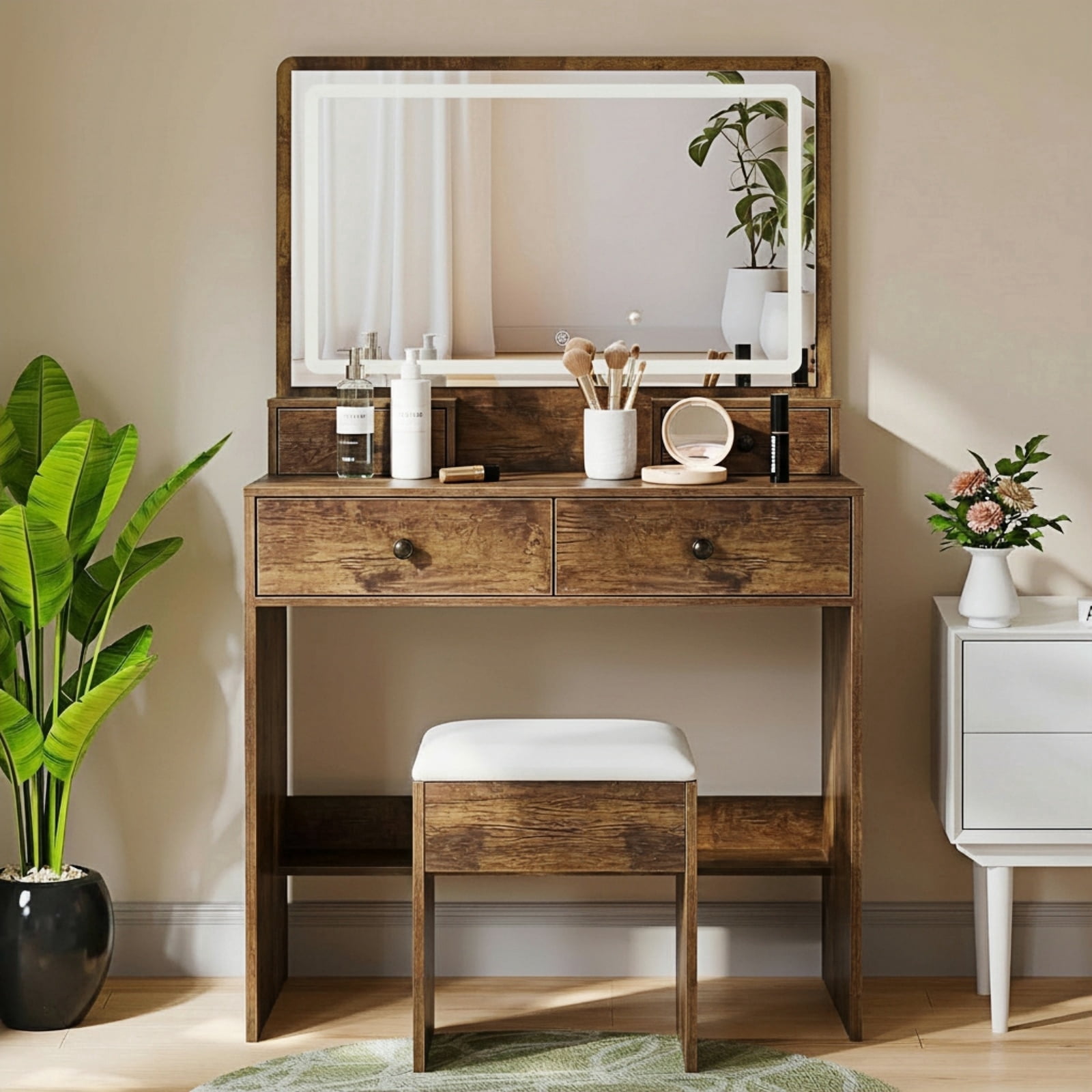 Haewon 31" Vanity Desk with Mirror, LED Lights and Charging Station, Makeup Vanity with Storage Stool, Vanity Set for Bedroom, Brwon