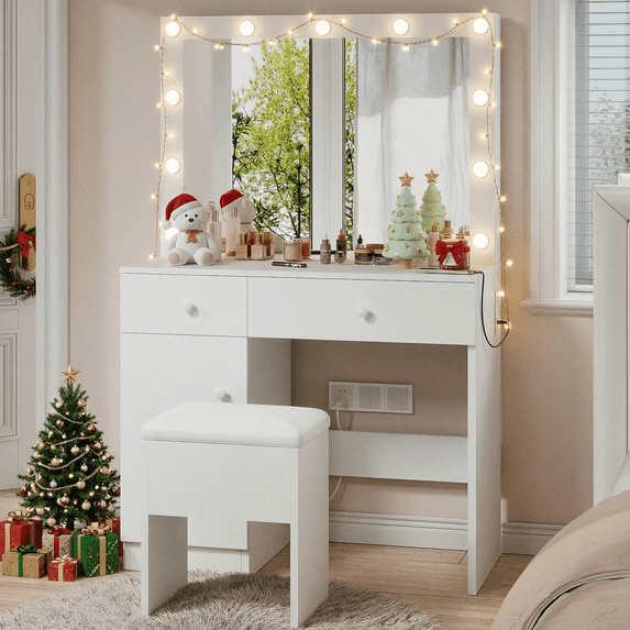 Haewon 32" Vanity Desk with Large Mirror, LED Lights, AC Outlet, USB Ports, Make up Vanity Desk with Mirror and Lights andDrawer & Storage Cabinet, Vanity Set with Cushioned Stool