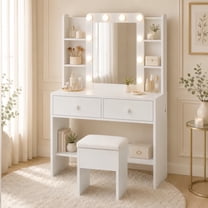 Haewon Vanity Desk with Mirror and LED Lights, Makeup Vanity with Power ...