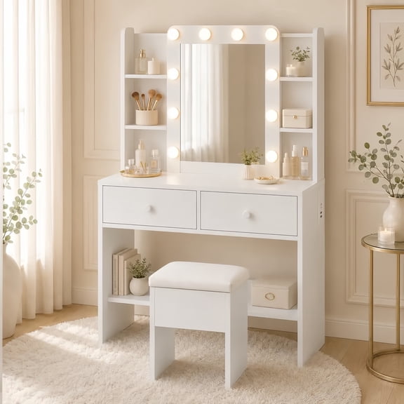 Haewon 33" White Vanity Desk with Mirror and Lights and Power Outlet, Makeup Vanity with Large Desktop & Drawers, Vanity Set with Stool for Bedroom