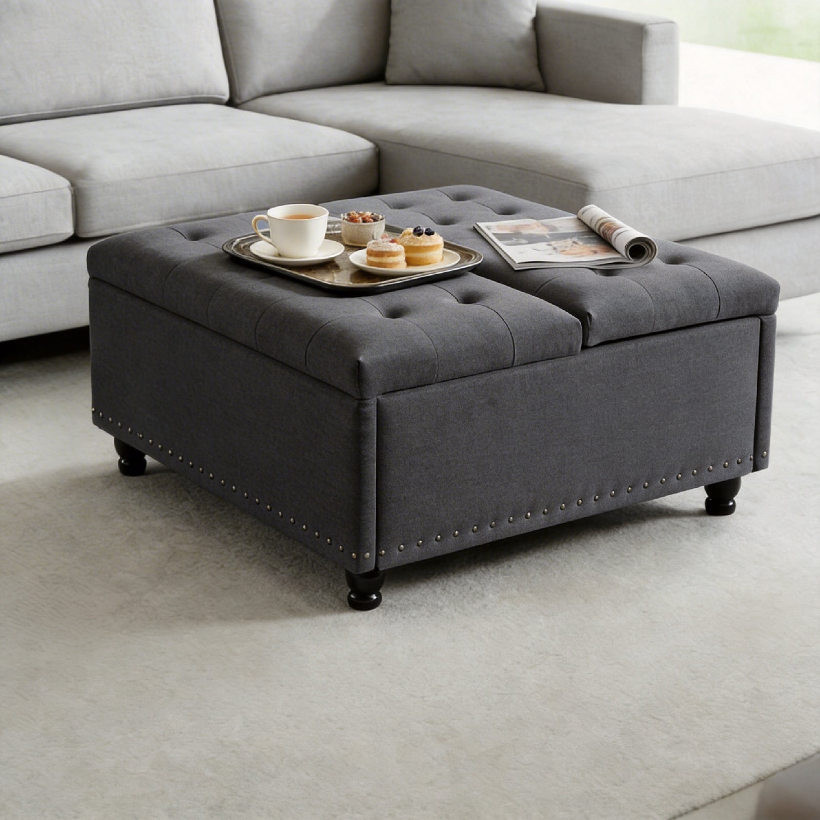 Haewon 34 inch Extra Large Storage Ottoman Coffee Table, No Assembly Required, Oversized Square Ottoman with Storage, Tufted Upholstered Ottomans Coffee Table for Living Room ,Fabric, Grey