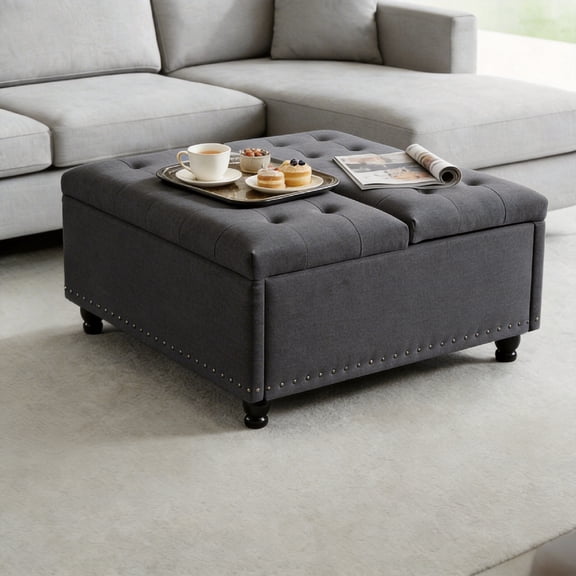 Haewon 34 inch Extra Large Storage Ottoman Coffee Table, No Assembly Required, Oversized Square Ottoman with Storage, Tufted Upholstered Ottomans Coffee Table for Living Room ,Fabric, Grey
