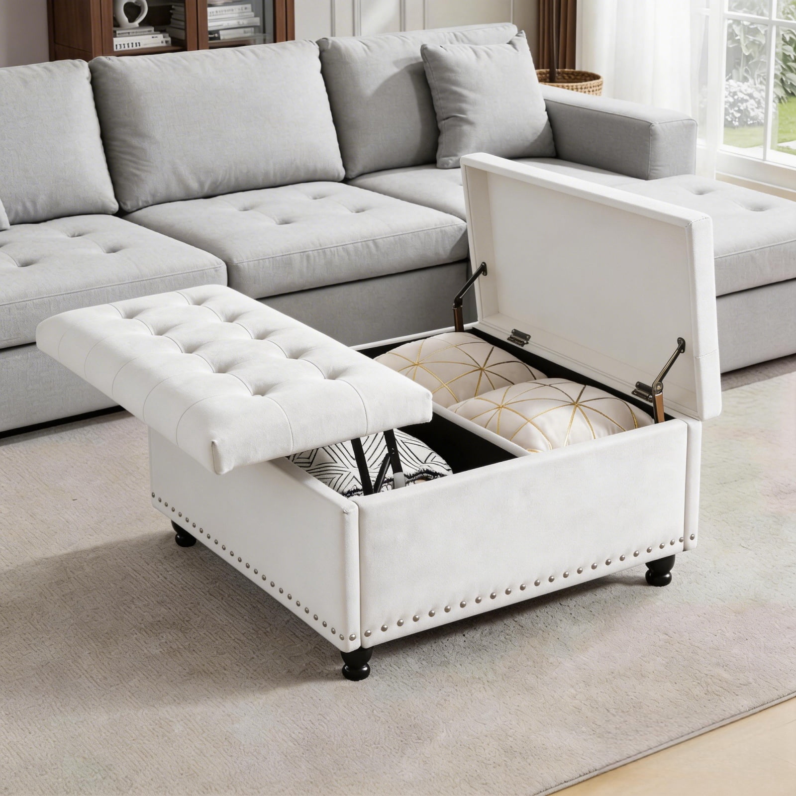 Haewon 34 inch Extra Large Storage Ottoman Coffee Table, No Assembly Required, Oversized Square Ottoman with Storage, Tufted Upholstered Ottomans Coffee Table for Living Room ,Fabric, White
