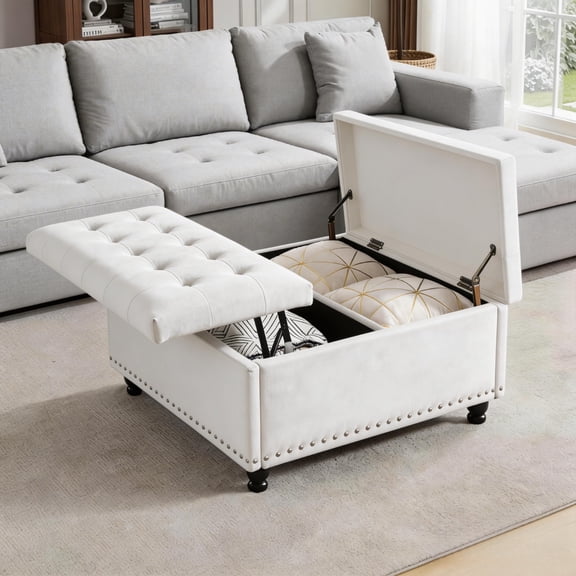 Haewon 34 inch Extra Large Storage Ottoman Coffee Table, No Assembly Required, Oversized Square Ottoman with Storage, Tufted Upholstered Ottomans Coffee Table for Living Room ,Fabric, White