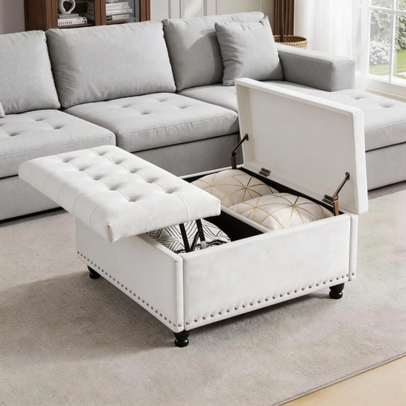 Haewon 34 inch Extra Large Storage Ottoman Coffee Table, No Assembly Required, Oversized Square Ottoman with Storage, Tufted Upholstered Ottomans Coffee Table for Living Room ,Fabric, White