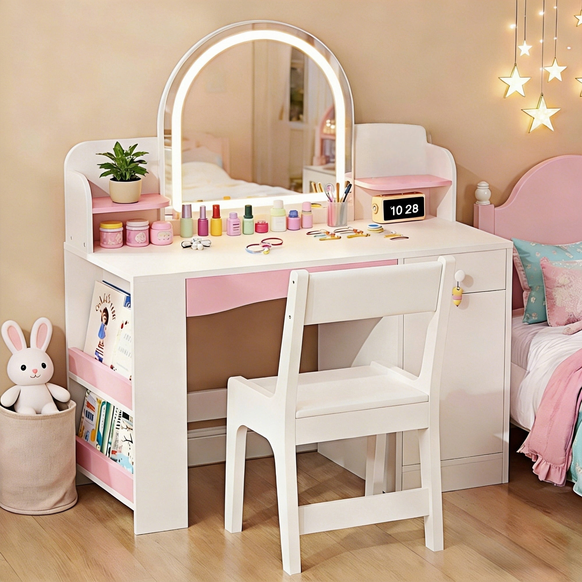 Haewon 35" Kids White Vanity with Lighted Mirror & Charging Station, Kids Vanity Table and Chair Set with Storage Cabinet & Drawers, Vanity for Kids, White