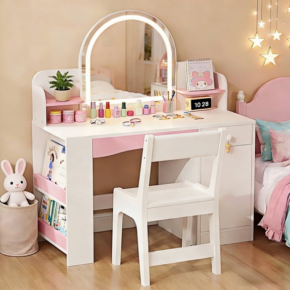 Haewon 35" Kids White Vanity with Lighted Mirror & Charging Station, Kids Vanity Table and Chair Set with Storage Cabinet & Drawers, Vanity for Kids, White