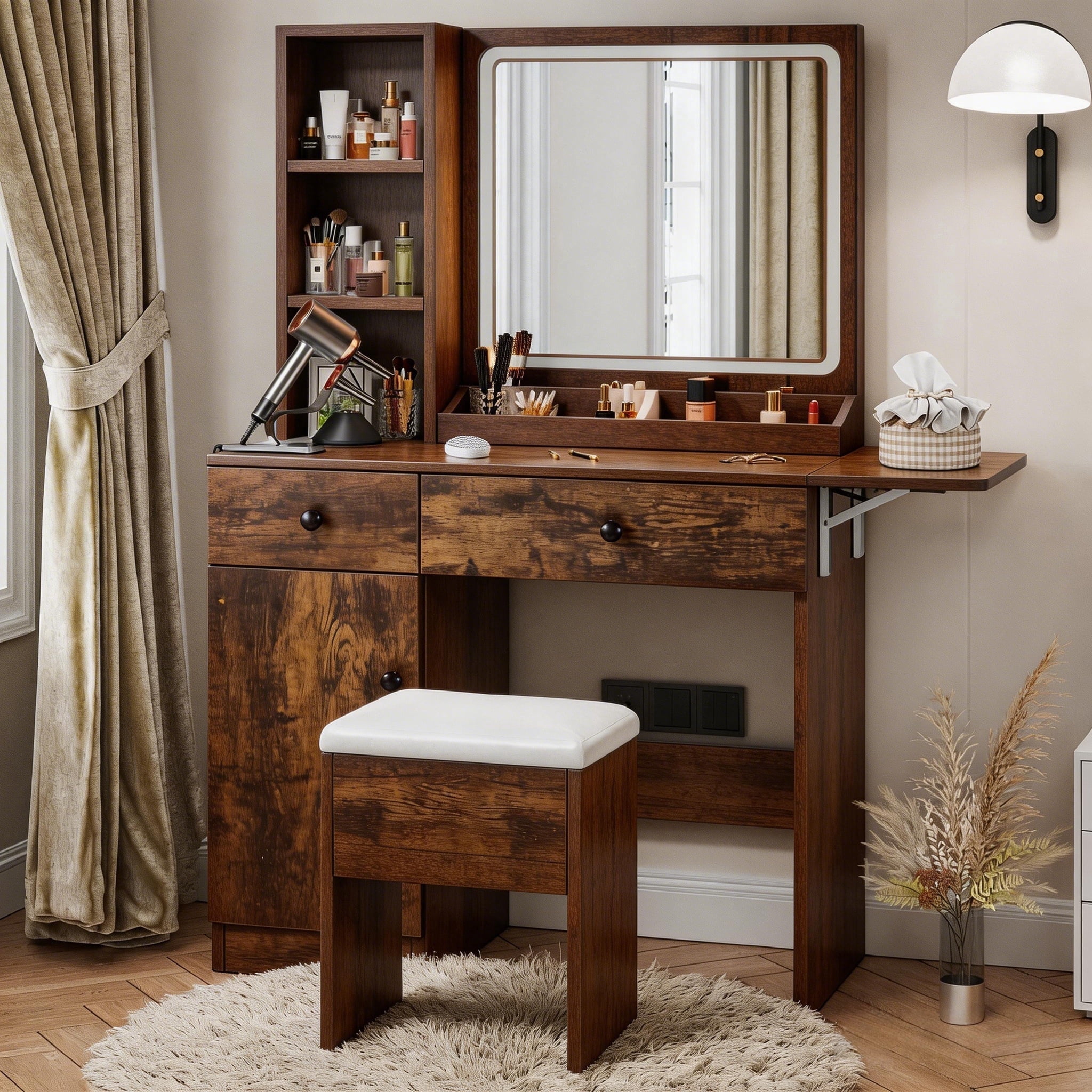Haewon 35" Vanity Desk with Mirror, LED Light, Power Outlet, Makeup Vanity with Storage Cabinet and Foldable Panel, Vanity Set with Cushioned Stool, Brown