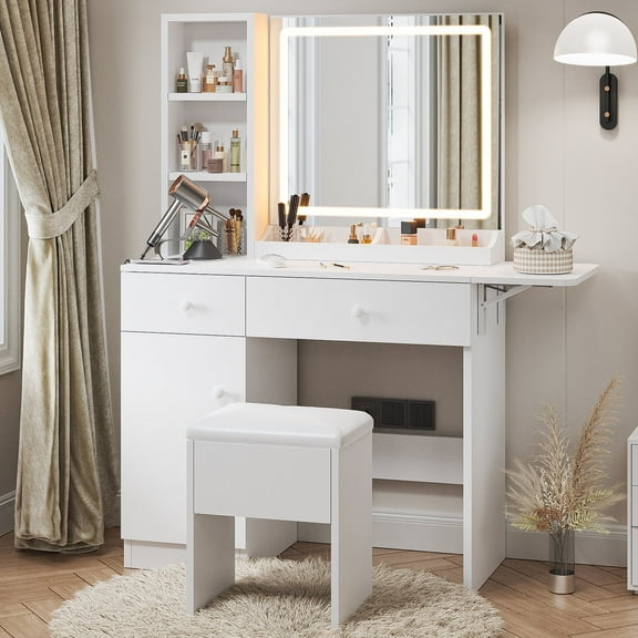 Haewon 35" Vanity Desk with Mirror, LED Light, Power Outlet, Makeup Vanity with Storage Cabinet and Foldable Panel, Vanity Set with Cushioned Stool