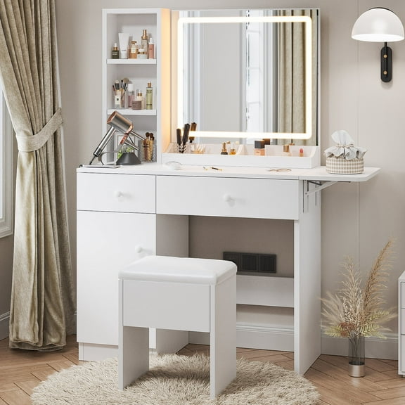 Haewon 35" Vanity Desk with Mirror, LED Light, Power Outlet, Makeup Vanity with Storage Cabinet and Foldable Panel, Vanity Set with Cushioned Stool