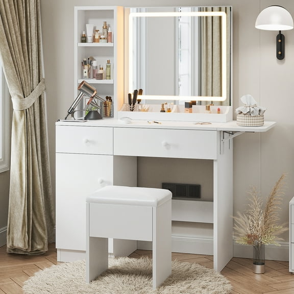 Haewon 35" Vanity Desk with Mirror, LED Light, Power Outlet, Makeup Vanity with Storage Cabinet and Foldable Panel, Vanity Set with Cushioned Stool