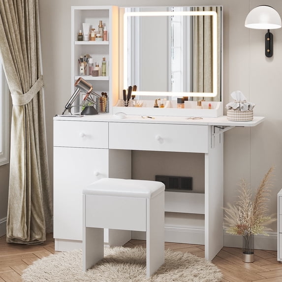 Haewon 35" Vanity Desk with Mirror, LED Light, Power Outlet, Makeup Vanity with Storage Cabinet and Foldable Panel, Vanity Set with Cushioned Stool, White