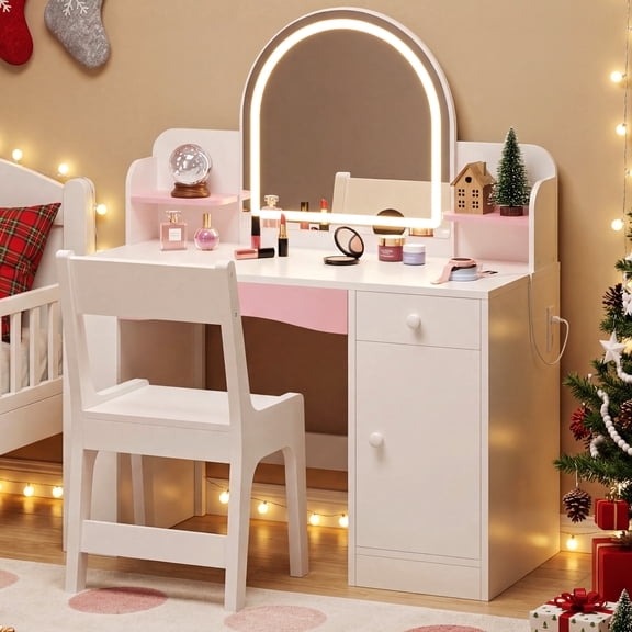 Kbun 35 in Wooden Kids' Vanity Set, Princess Style Dressing Table, Stool, and Furniture Set for Girls Ideal Birthday Gift ,White