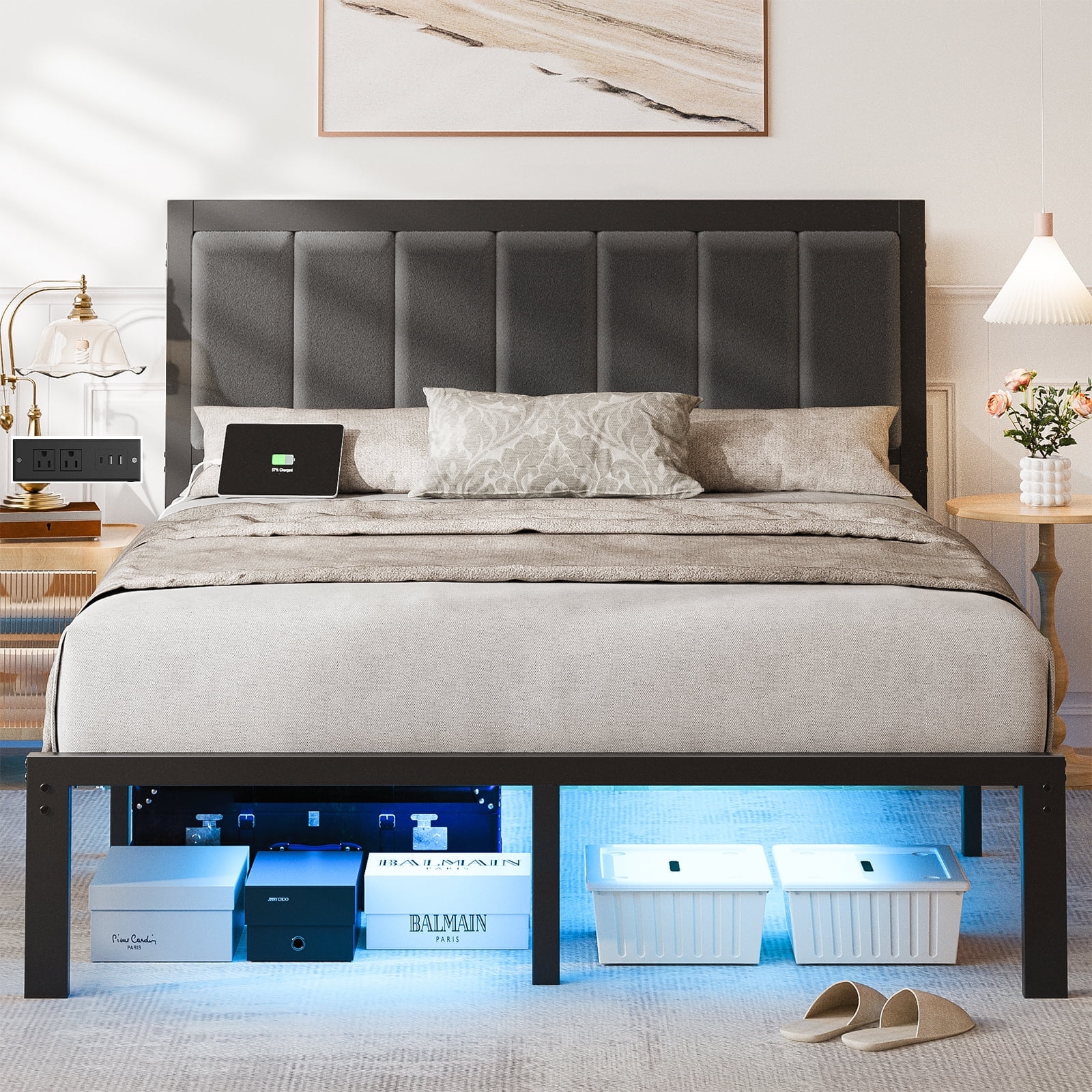 Haewon Queen Size Bed Frame with Upholstered Headboard, Metal Platform Bed Frame with USB Charging & LED Lights, Under-Bed Storage, No Box Spring Needed, Dark Grey