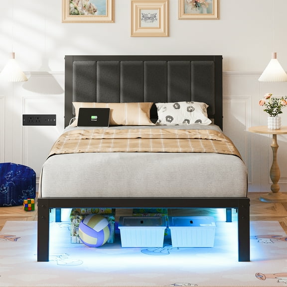 Haewon Twin Size Bed Frame with Upholstered Headboard, Metal Platform Bed Frame with USB Charging & LED Lights, Under-Bed Storage, No Box Spring Needed, Dark Grey