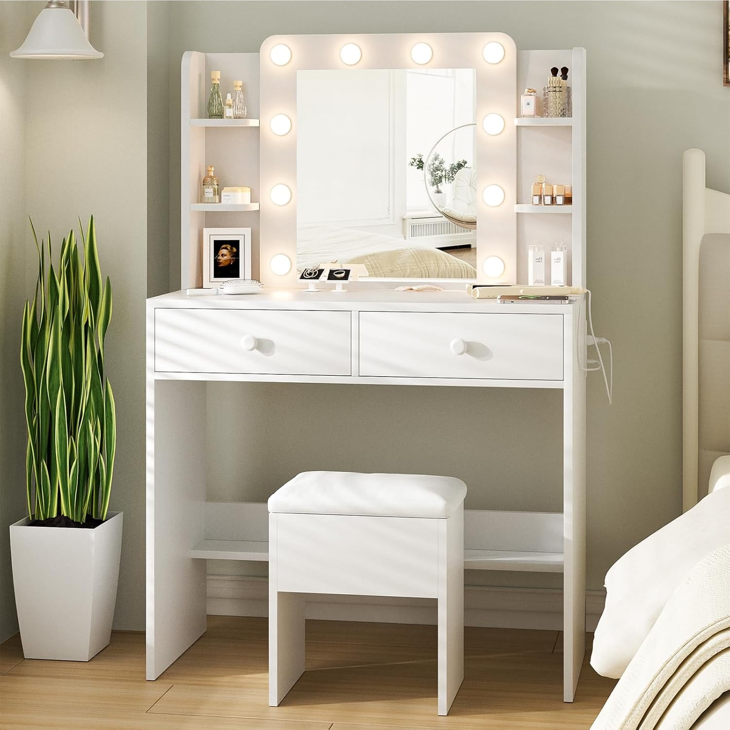 Haewon White Vanity Desk with Mirror, 10 LED Lights and Power Outlets