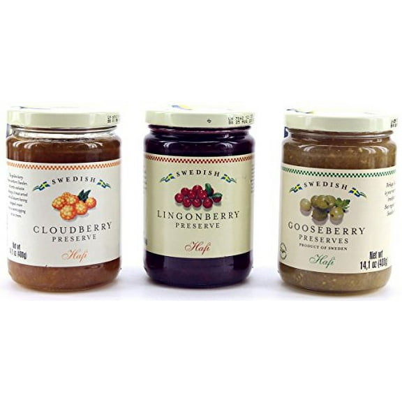 Hafi Variety Pack Preserves Lingonberry, Wild Cloudberry, Gooseberry 14.1-ounce Jars (Pack of 3)