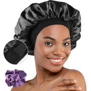 Hafree Satin Wide-Edge Bonnet Silky Night Sleep Hats Adjustable Size Night Cap for Women Curly Thick Hair,Black