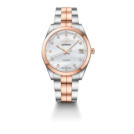 Haftavani – Diamond Queen Bicolour Silver-Rose Gold Stainless Steel Lady Watch -100M Waterproof Quartz - Swiss Made - Marble Face With Genuine Diamonds