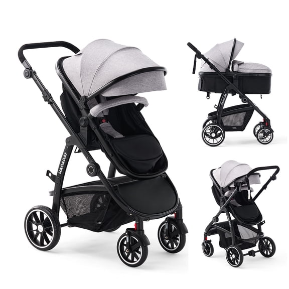 Hagaday Baby Stroller, 2-in-1 Reversible ToddlerSeat With Lie-Flat Mode, Foldable Infant Stroller with Canopy, One Button Brake, Adjustable Handle, Newborn Pushchair (Gray B)