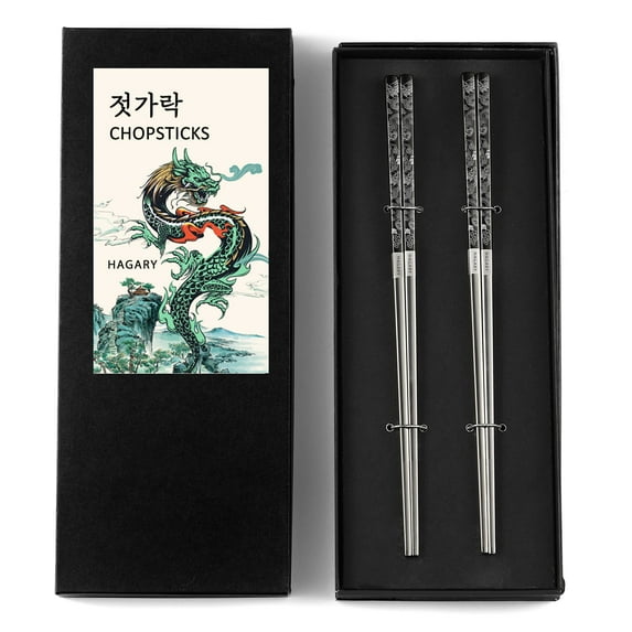 Hagary Dragon Metal Reusable Stainless Steel Chopsticks Black Color