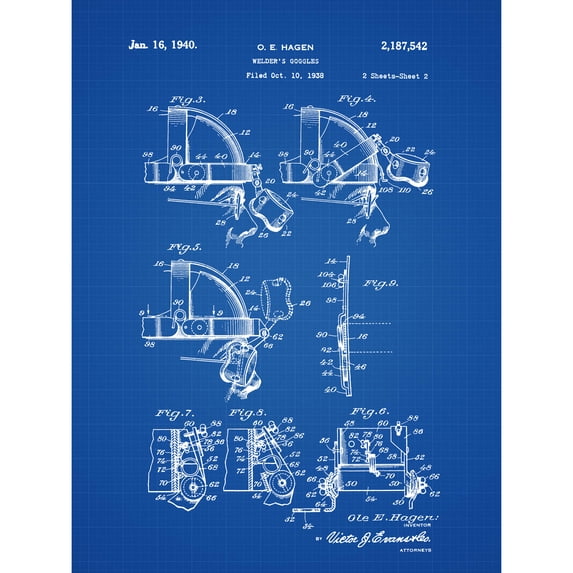 Hagen Welders Goggles Metal Steel Work Side 1940 Patent Plan Extra Large XL Wall Art Poster Print
