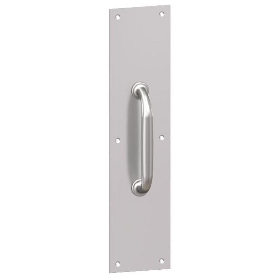 Hager 36N41632D 4 x 16 in. Square Corner Plate with 5.5 in. Center to Center 6N 1 in. Base Cast Pull, No. 052486 Satin Stainless Steel