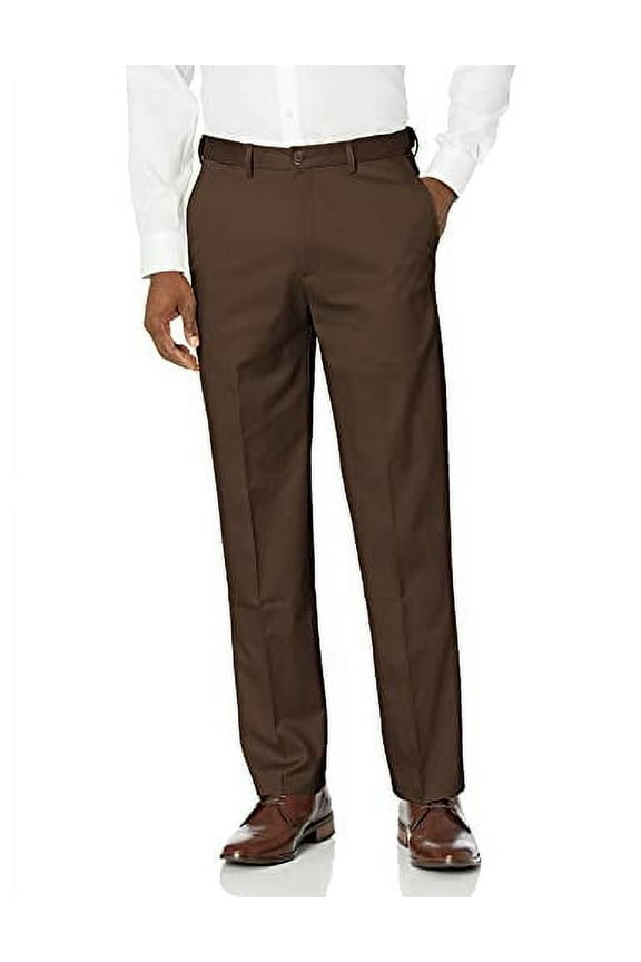 Men's Classic Fit Flat-Front Hidden Expandable Waistband Premium No Iron Khaki, 42W x 32L - Chocolate