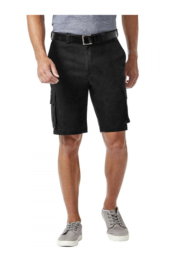 Men's Expandable Waistband Stretch Comfort Cargo Shorts, Black, 32
