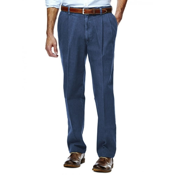 Haggar Men's Work to Weekend Pleated Front Denim Pants - Expandable Waistband, Stonewash, 32X32