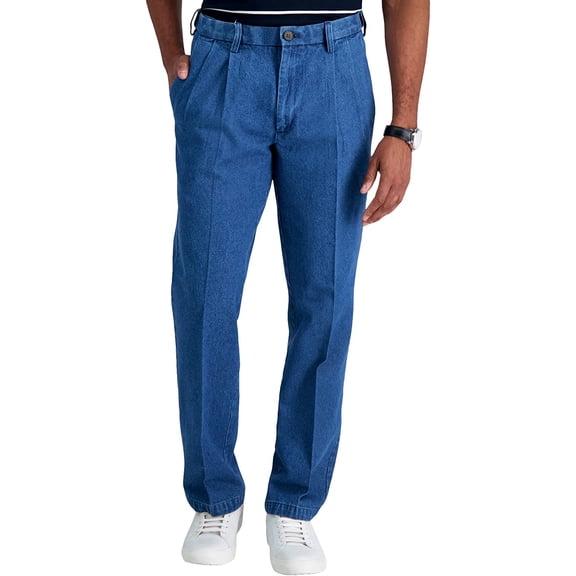 Haggar Men's Work to Weekend Pleated Front Denim Pants - Expandable Waistband, Stonewash, 40x29