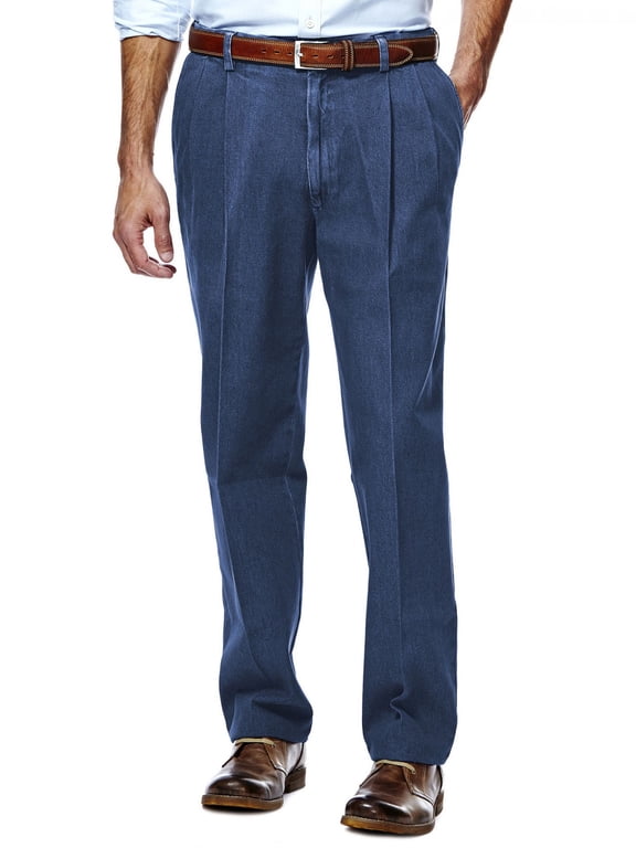 Men's Work to Weekend Pleated Front Denim Pants - Expandable Waistband, Stonewash, 44X32