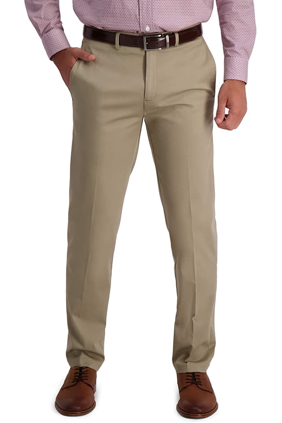 Mens Iron Free Premium Khaki Straight Fit Flat Front Flex Waist Casual Pant 30W x 32L Medium Khaki