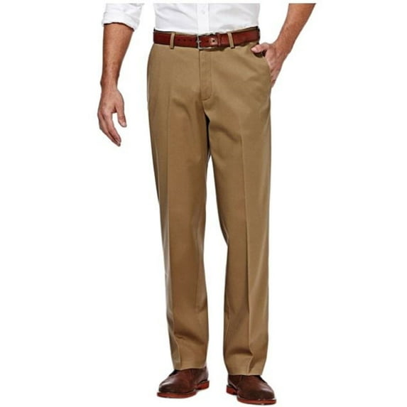 Haggar Mens Non-Iron Pant. Premium. Perfect Fit Waistband 34/32-KHAKI