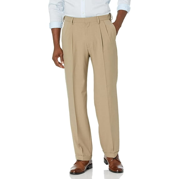 Haggar Mens Premium Comfort Classic Fit Pleat Expandable Waist Pant 38W x 30L Medium Khaki