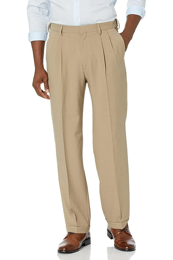 Mens Premium Comfort Classic Fit Pleat Expandable Waist Pant 38W x 30L Medium Khaki